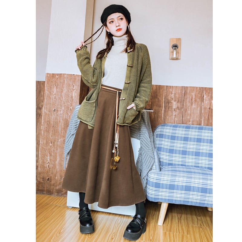 [Old Monster---Rachikuri Series] ★China style skirt★ Bottoms Lasha plain thick autumn/winter clothes brown