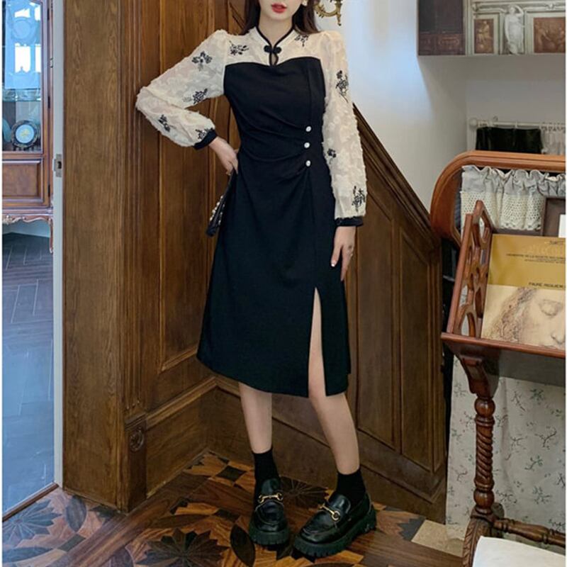 [TAOSHANG series] ★China style dress★ Large size switching slit slimming black black improved cheongsam dress