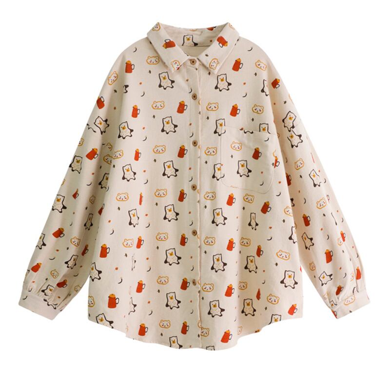 [Mago Series]★Shirt★ 3color Tops Penguin Long Sleeve Shirt Print Loose Cute SML