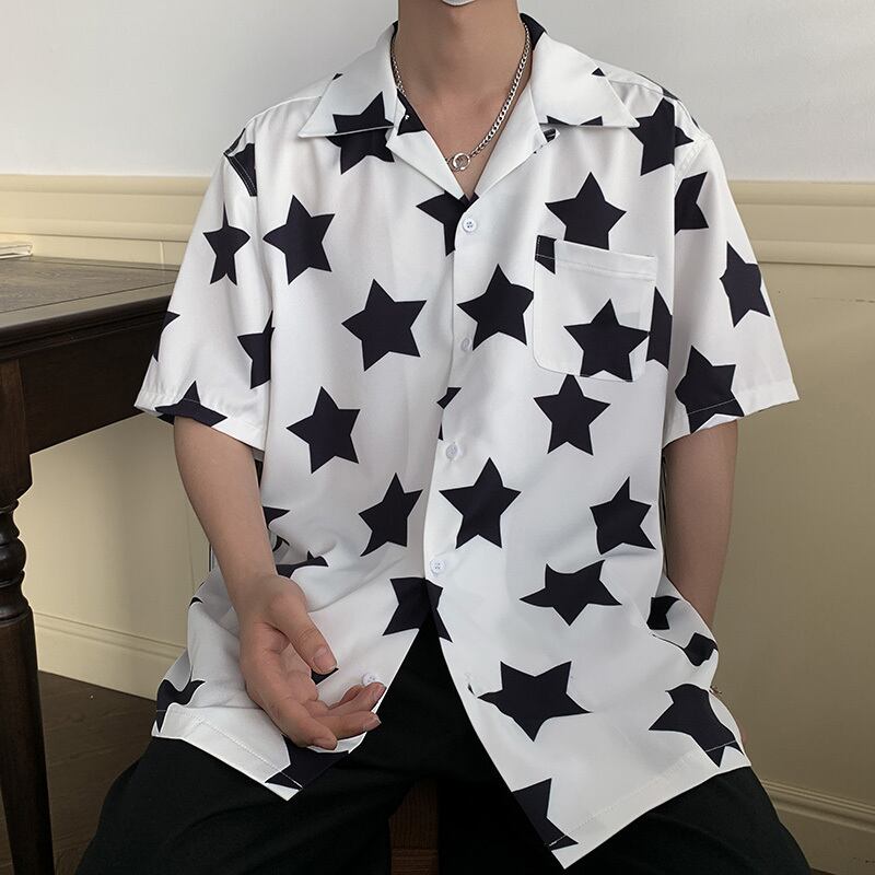 [Illustrated Series]★Shirt★ 2color Tops Star Print Fashion Unisex Men's Summer Clothes Cute Short Sleeve