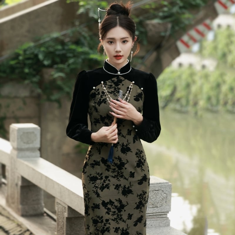 [RUYUN Series] ★Cheongsam Dress★ 2color Switching Velvet Temperament Enhancement Floral Pattern Chinese Style Dress