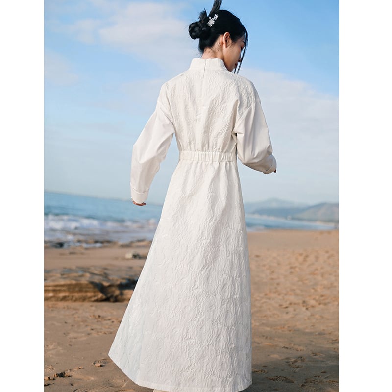 [Daiseiryusu Series]★Chinese style dress★ 2color black or white long length Chinese clothes switching stand neck