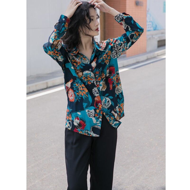 [YOUZI Series]★Shirt★ Tops, oil painting style, floral pattern, loose, retro, commuting, dating, ladies, unique, cute