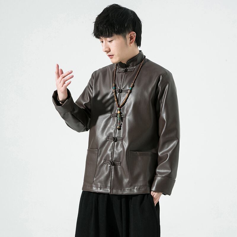 [PINZHI Series]★China style jacket★ 2color outerwear PU unisex men's large size black coffee color