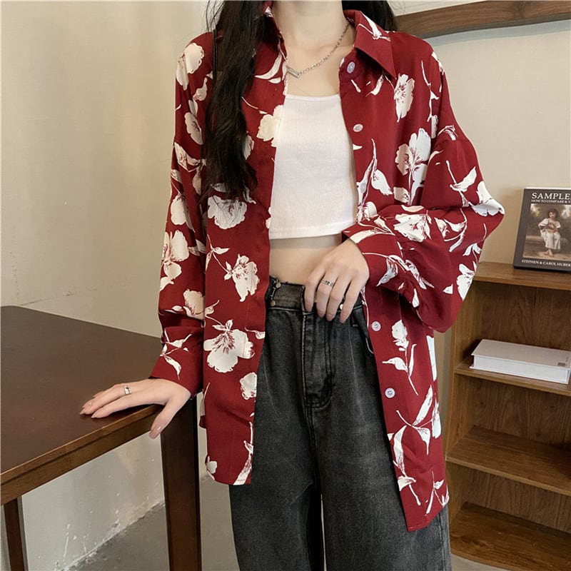 [BUXI Series]★Shirt★ Tops Floral Print Retro Red Red Women's Fashion Long Sleeve