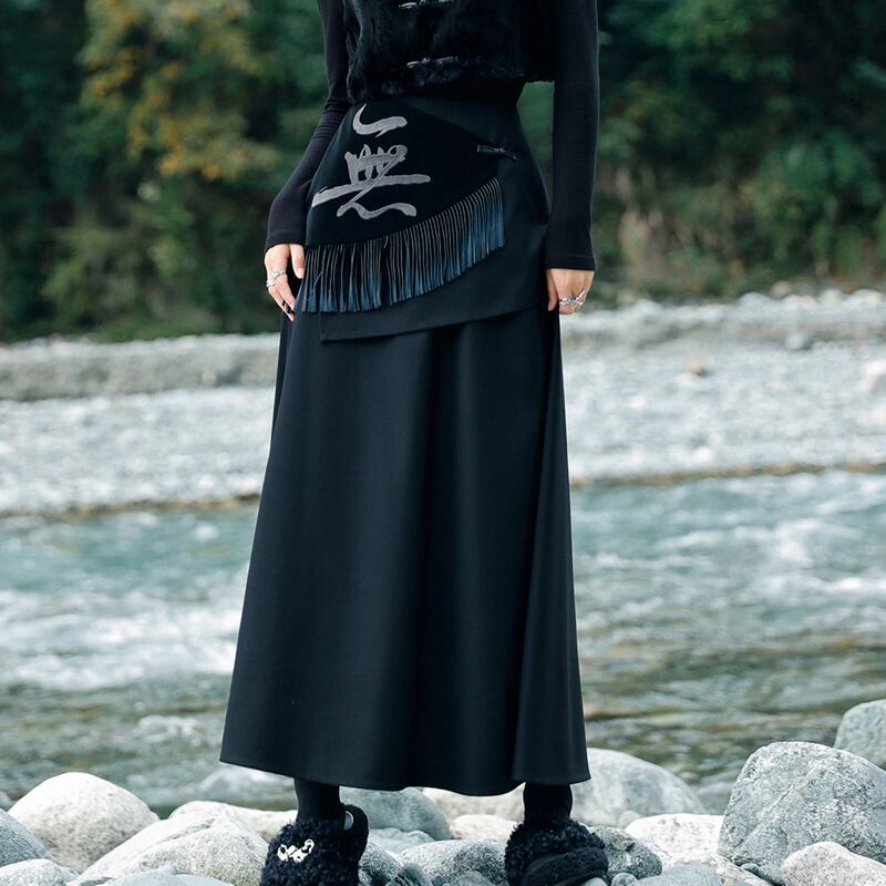 [Big Blue Dragon Series] ★China style skirt★ Bottoms fake layered black black slimming design.