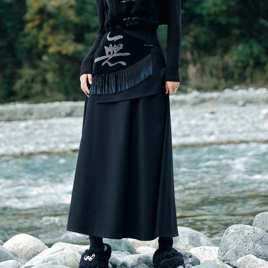 [Big Blue Dragon Series] ★China style skirt★ Bottoms fake layered black black slimming design.