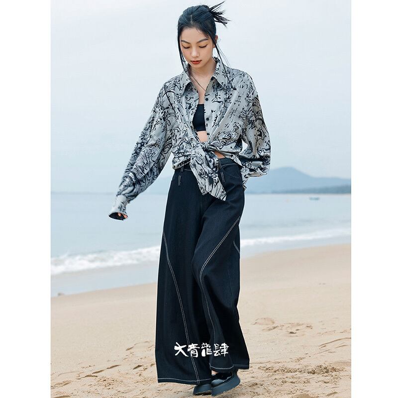 [Big Blue Dragon Series] ★China style shirt★ Tops Satin original letter pattern Easy to match long sleeve shirt