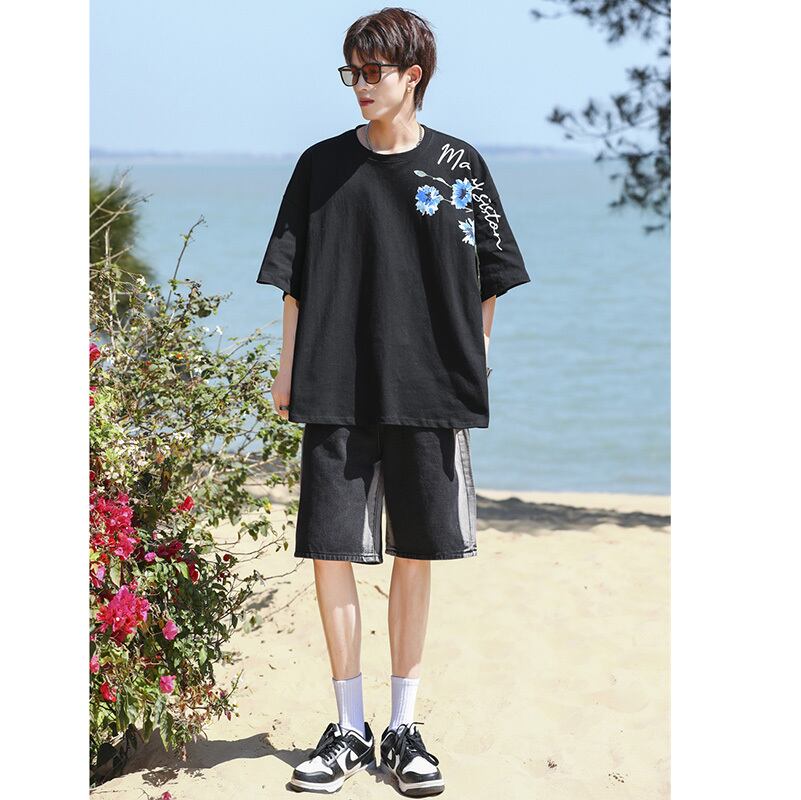 [MANYSTON Series]★T-shirt★ Tops 3color Unisex Men's Short Sleeve Floral Pattern Blue White Black Casual