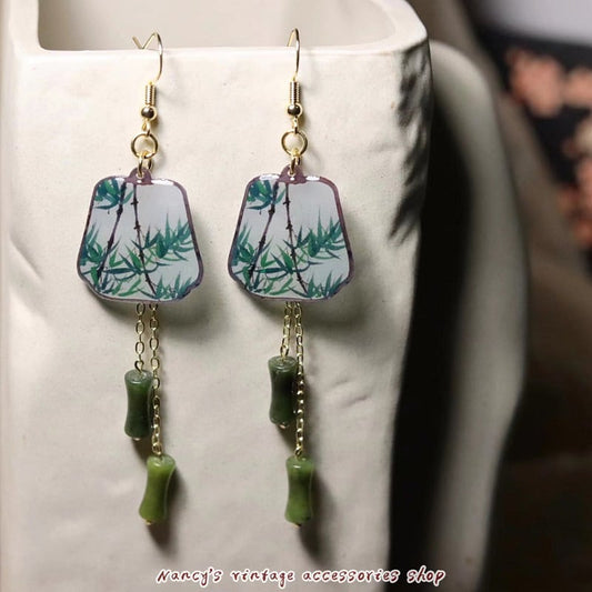 [Minami Xiaojie Series] ★Chinese style earrings★ Retro Pair Earrings or Earrings Fan Bamboo Green Improves your temperament