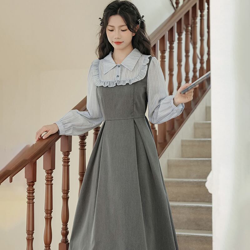 [DANSAIZI Series] ★One Piece★ Faux Layered Ladies' Work, Date, School, Easy to Match, Gray, Gray