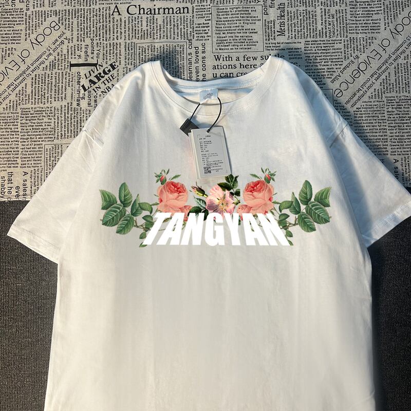 【TANGYANシリーズ】★Tシャツ★ 2color トップス 男女兼用 メンズ 大きいサイズ 黒 白 花柄 合わせやすい