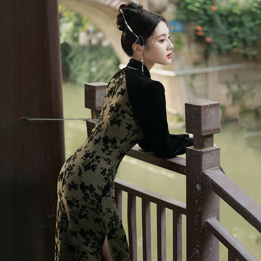 [RUYUN Series] ★Cheongsam Dress★ 2color Switching Velvet Temperament Enhancement Floral Pattern Chinese Style Dress