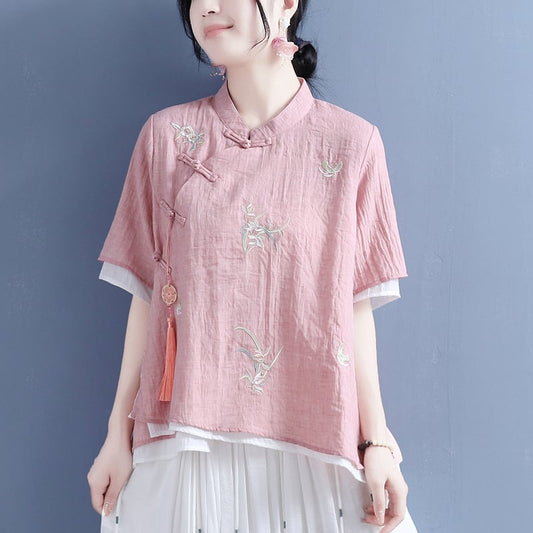 [Qing Series] ★Chinese style tops with decorations★ 4 colors cotton linen embroidery summer simple pink blue green white green