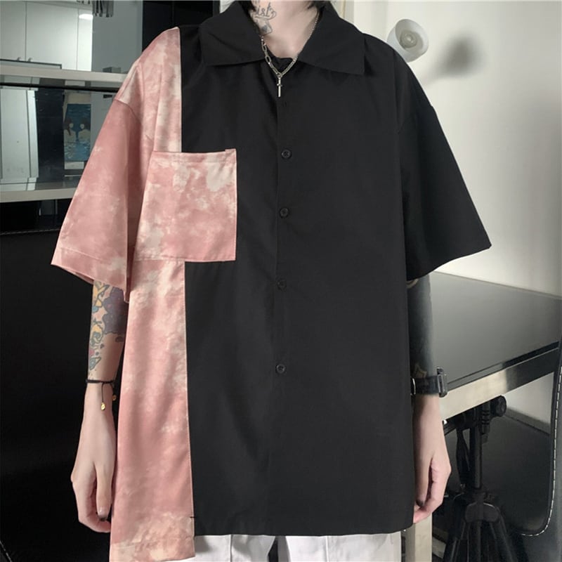 [Style Series]★Shirt★ 2color Tops Oil Painting Style Floral Pattern Switching Short Sleeve Shirt Unisex Men's White Black