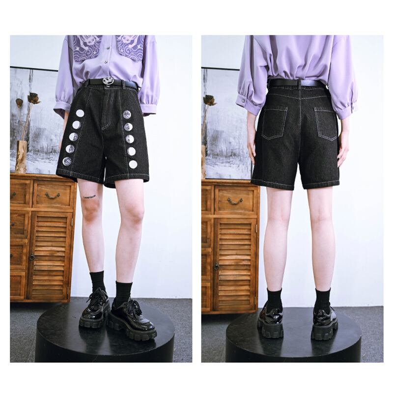 [Kokaisha---Moon phase series]★Denim pants★Shorts bottoms Black, black, retro, easy to match, slimming