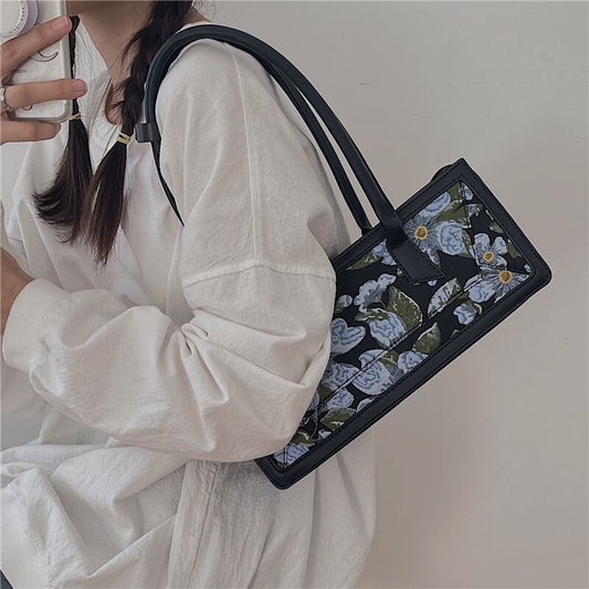 [DAZE &amp; ERPANG series] ★Bag★ Oil painting style floral pattern cute date commuting OL office rectangle blue black