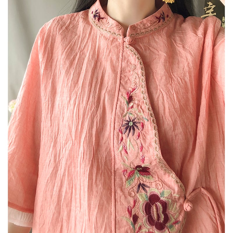 [Kofuku series] ★China style shirt★ 3color embroidery tops ethnic gray blue white pink