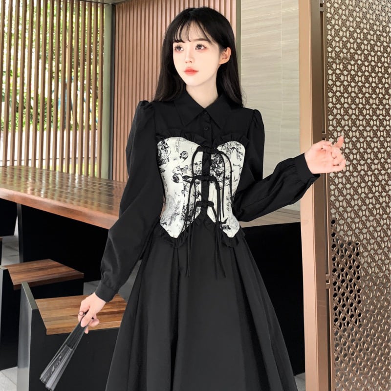 [Dong Xiaojie Series] ★China style dress★ Ink pattern long sleeve dress long length dress black black large size slimming