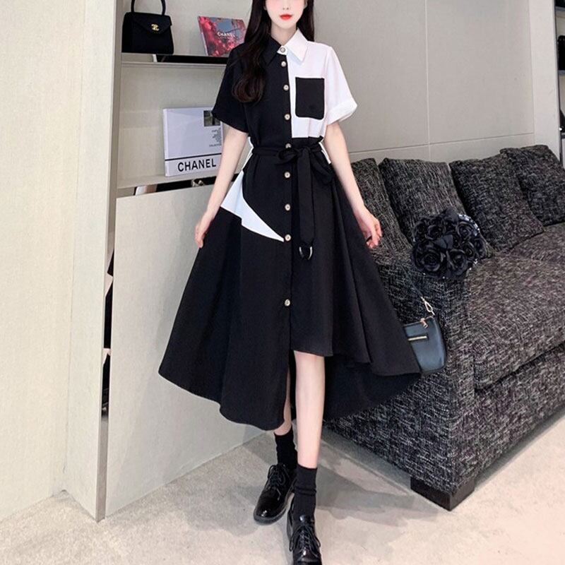 [PANGSAO series]★Shirt dress★ Long length irregular color scheme commuting date office lady large size black black