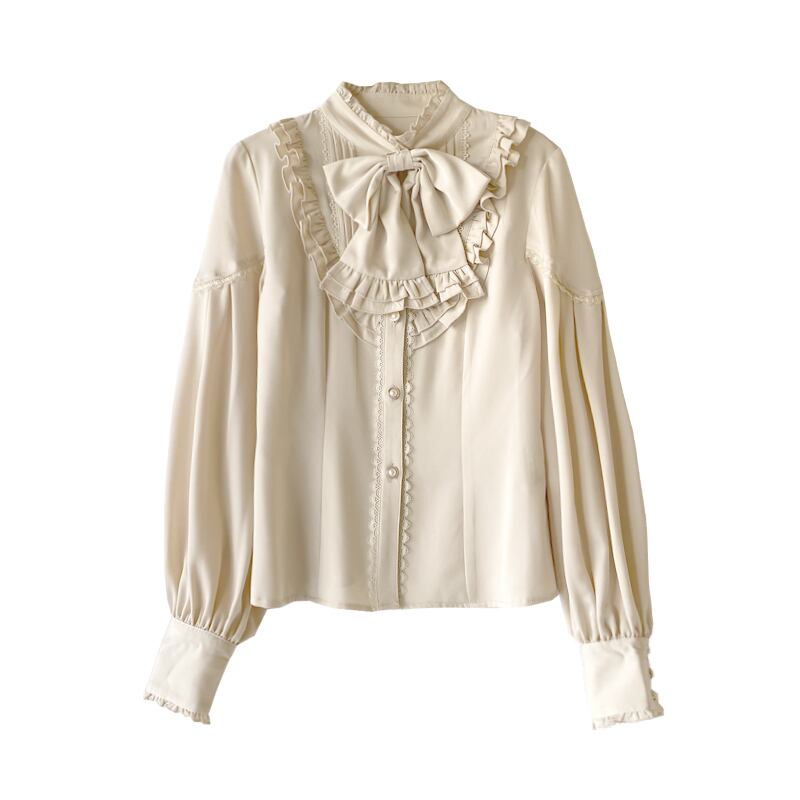 [Minami no Mori Series]★Shirt★ Tops Ribbon Long Sleeve Shirt Improves Temperament Cute Apricot S M L XL