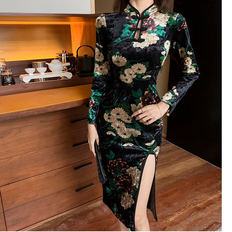 [Kakuya Series] ★China style dress★ Improved cheongsam dress velvet floral pattern sexy SML