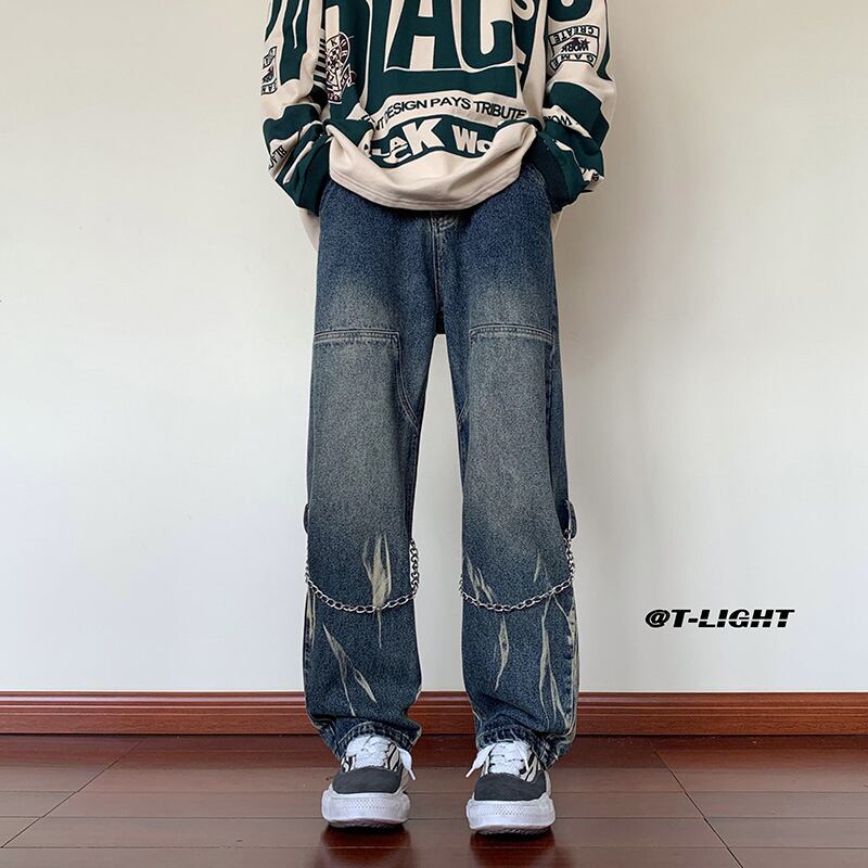 [Tiaota Series]★Denim Pants★ 3color Bottoms Casual Pants with Chain Unisex Men's Large Size