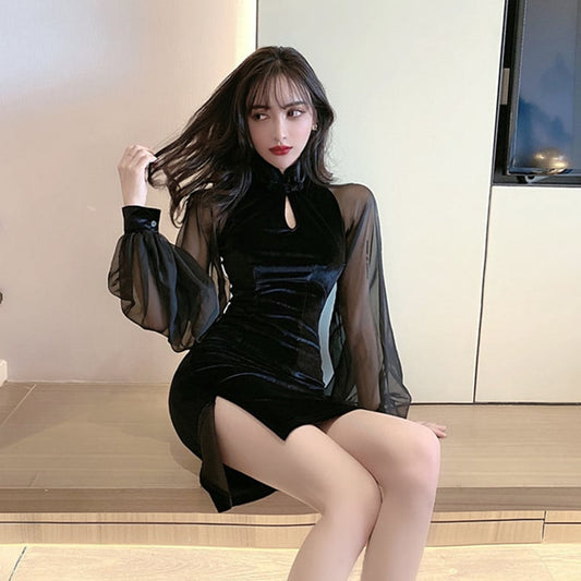 Mini Chinese Dress Velvet Chinese Clothes Long Sleeve S M L XL Black Black Cute Switching Easy to Match