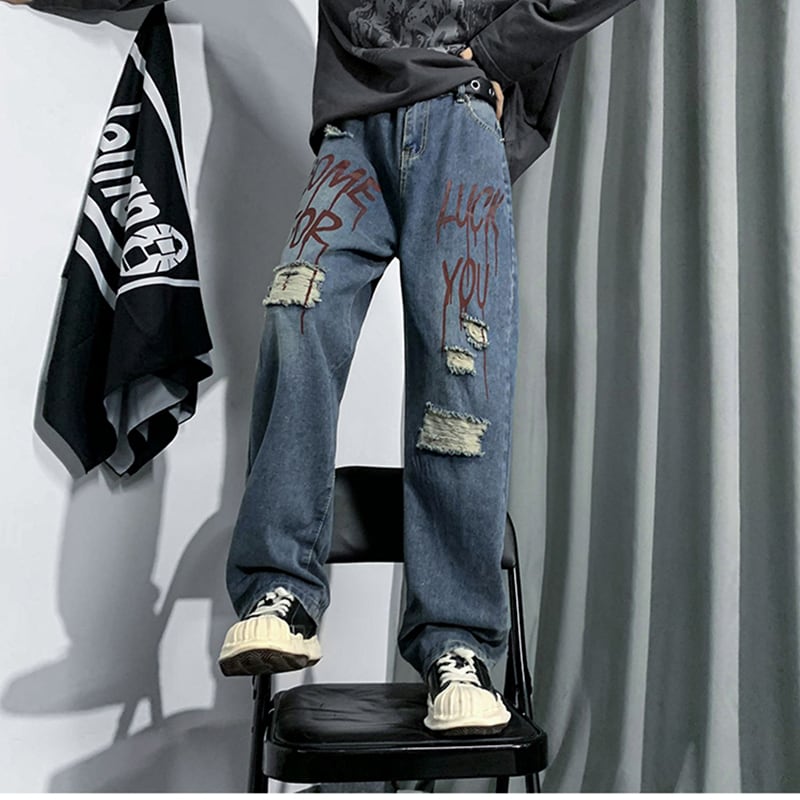 [HANLICHEN Series]★Denim Pants★ Casual Pants Trousers Bottoms Large Size Unisex Men's Graffiti Harajuku Style