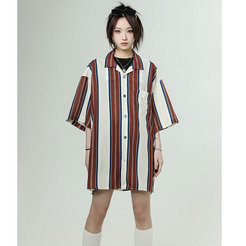 [YOUHAN Series]★Retro Shirt★ Unisex Men's Short Sleeve Tops Chiffon Vertical Striped Striped Pattern Retro