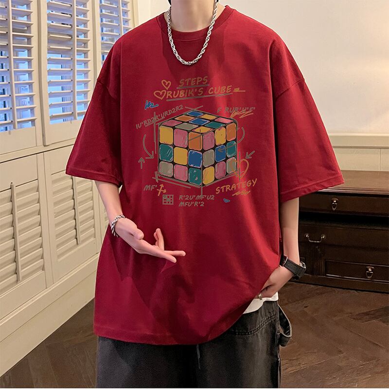 [V37 Series]★T-shirt★ Tops 7color Unisex Men's Large Size Rubik's Cube Pattern