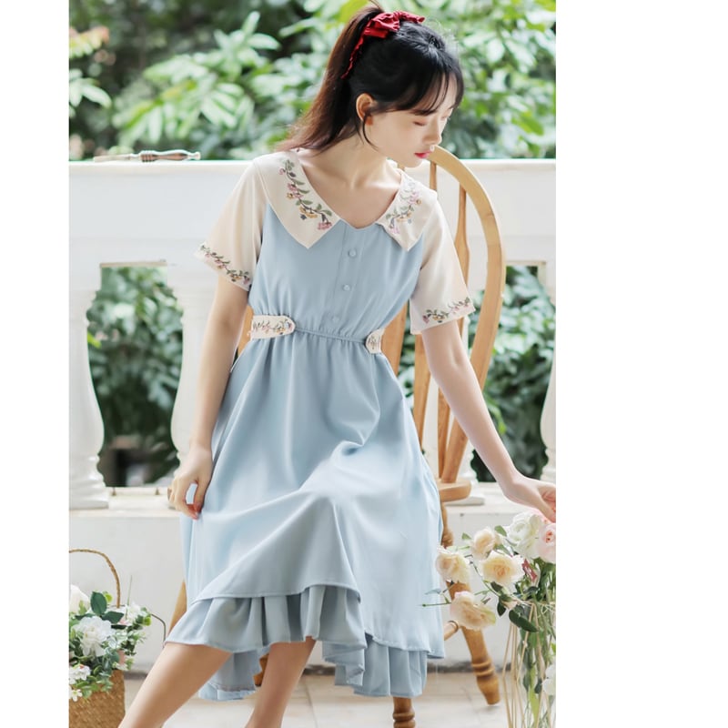 [Poetry Series] ★Chinese-style dress★ 2 colors Dress Embroidery Green Blue SML XL Improve your temperament Cute