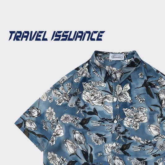 【TRAVEL ISSUANCEシリーズ】★花柄シャツ★ ハワイ アロハシャツ プリント 男女兼用 メンズ ブルー 青 半袖シャツ