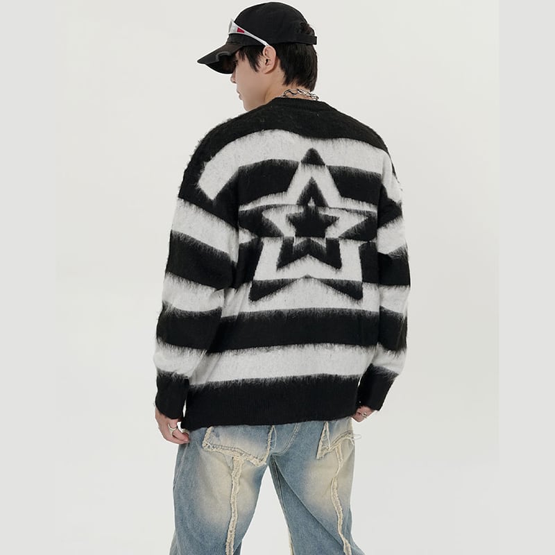 [Escaped Earth Series] ★Sweater★ 2color Tops Unisex Men's Loose Horizontal Stripes Striped Pattern Red Black