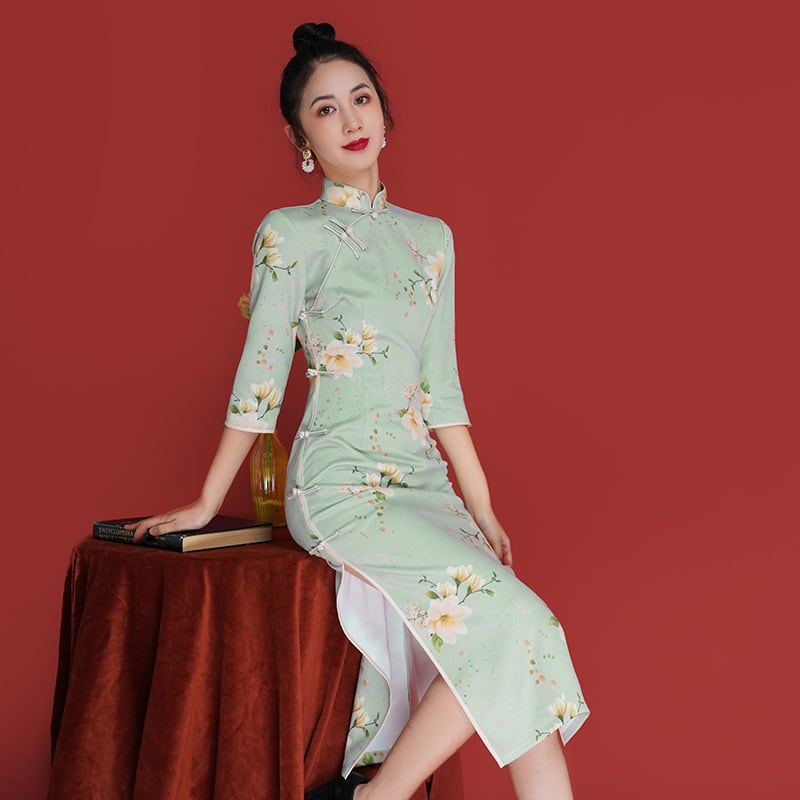 [Agoya Yui Series]★Cheongsam dress★ Floral pattern dress Green Fresh literary style Long length