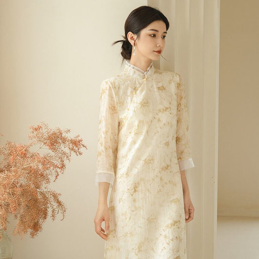 [Shimu Series] ★Chinese style dress★ Elegant Chinese clothes Tang suit Retro print Summer clothes Yellow S M L XL