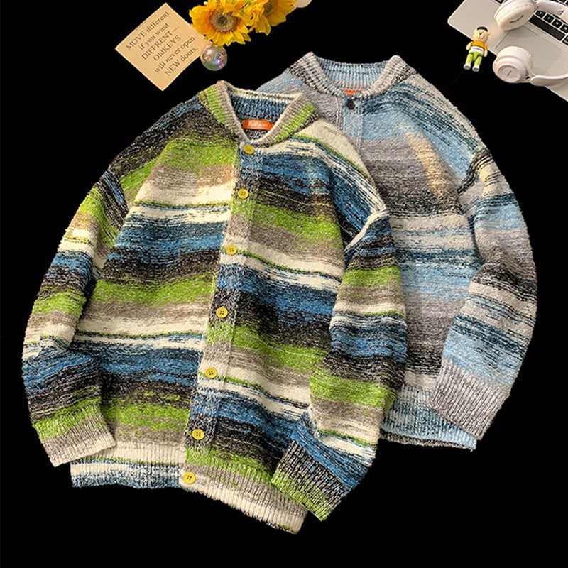 [SENSU Series]★Cardigan★ 3color sweater outerwear unisex men's oil painting style vertical stripes striped pattern