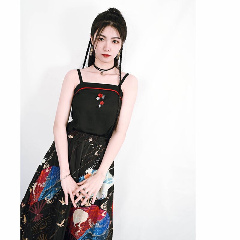 [Old Monster---Sakura Dye Series]★China style camisole★Sexy embroidered Easy to match Black Black