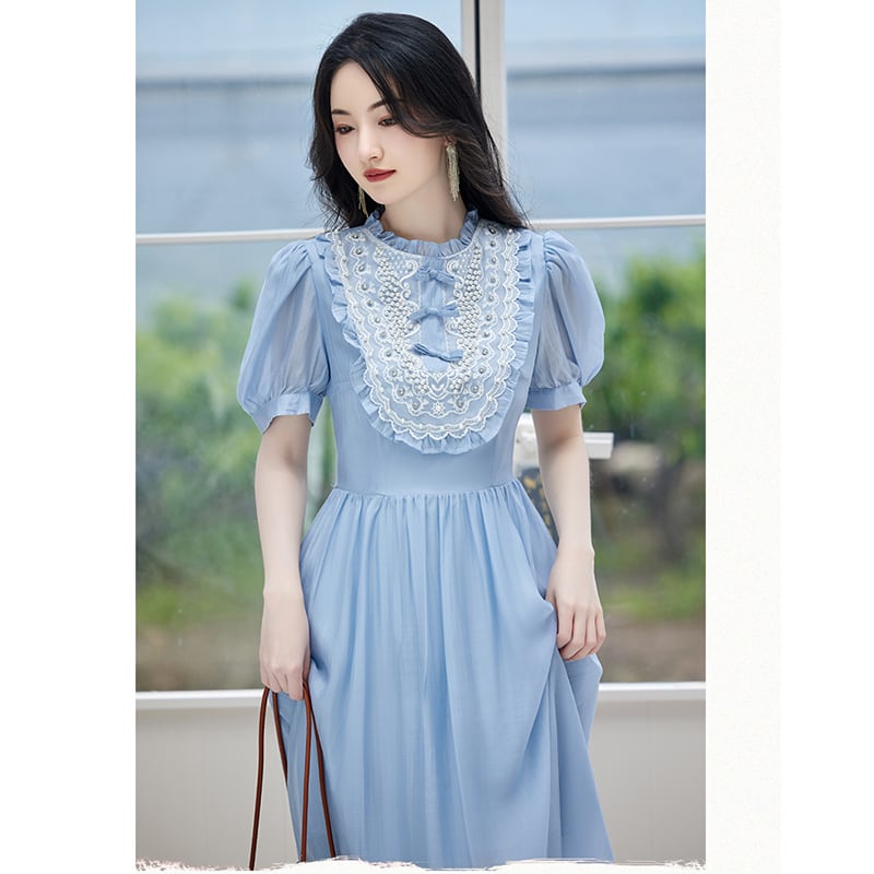 【華莎の城シリーズ】★ワンピース★ ドレス スウィート 可愛い 通勤 結婚式 デート 夏服 ブルー 青い