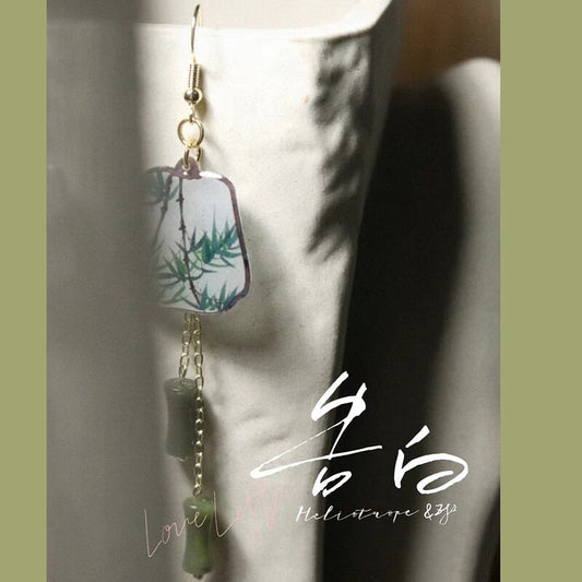 [Minami Xiaojie Series] ★Chinese style earrings★ Retro Pair Earrings or Earrings Fan Bamboo Green Improves your temperament