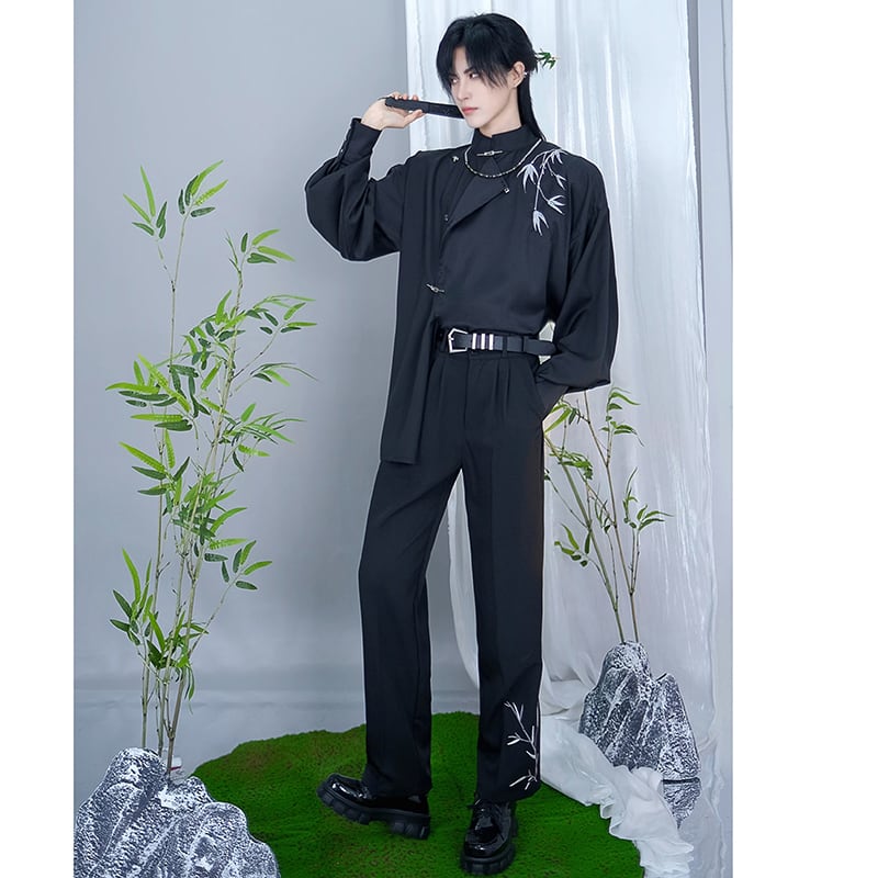 [Kuraho Koya Series]★China style trousers★Bottoms Bamboo embroidery Unisex Men's Black Black