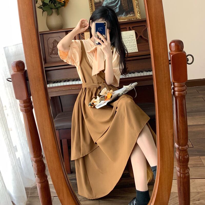 [Dong Xiaojie Series] ★Dress★ Large Size Faux Layered Ribbon Switching Short Sleeve Brown