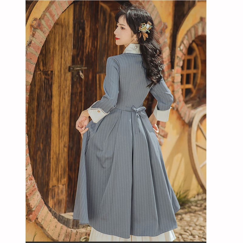 [Tatsuko Chenis Series] ★Long-sleeved dress★ Retro literary style Improves temperament Striped pattern Vertical stripes Gray Gray S M L XL