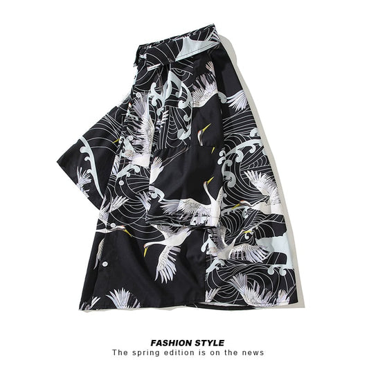 [YISHUO Series]★Shirt★ Tops, short sleeve shirt, unisex, men's, large size, crane pattern print