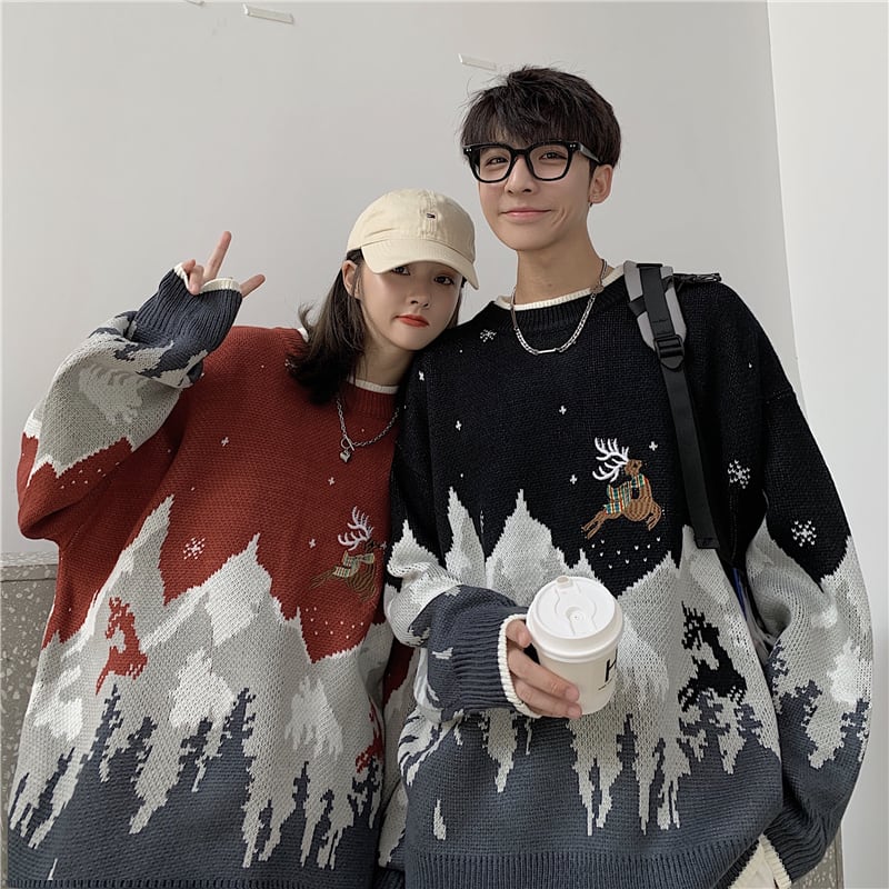 [CHAOPANG Series]★Sweater★ Tops 2color Unisex Men's Snow Mountain Christmas Black Red Black Red