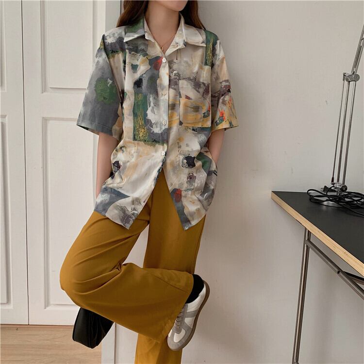 [YIHAO Series]★Shirt★ Tops Oil Painting Style Men's Short Sleeve Shirt Summer Clothing Women's Fashion Cool