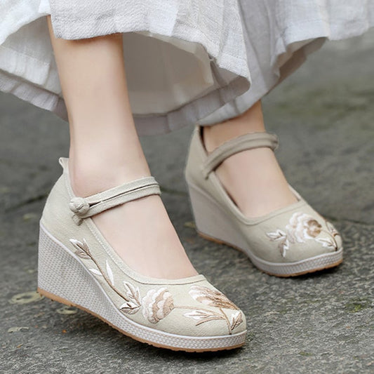 [JINGCHENG series] ★China style shoes★ Shoes 3color embroidery High heels 6.5cm Size 35-40 Tang clothing, cotton linen