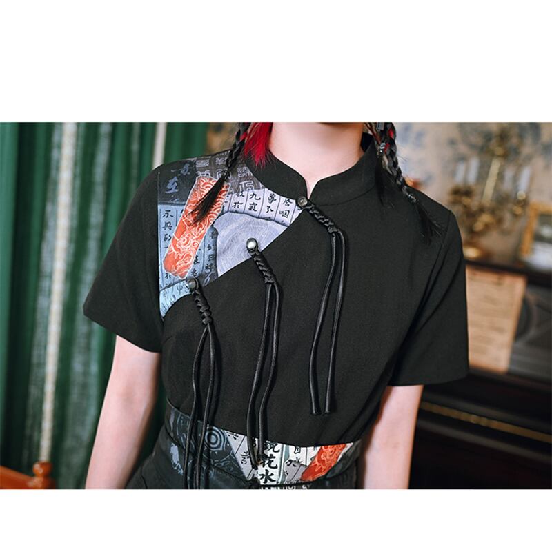 [Kokaisha --- Kyoka Suigetsu Series] ★China style shirt★ Tops, short sleeves, letter pattern, unique, original, black, black