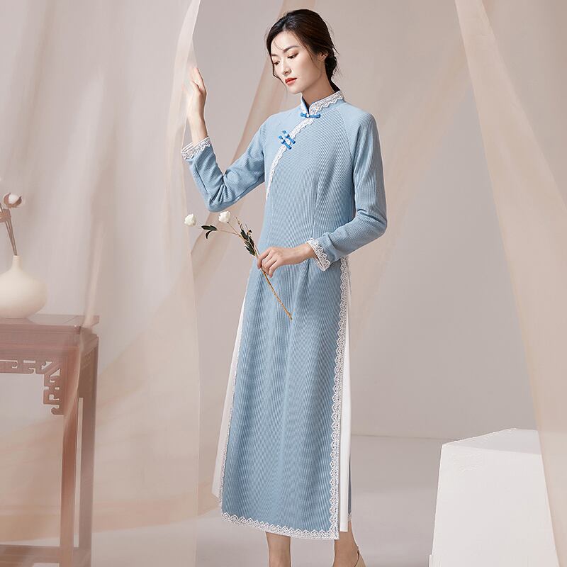 [Kokage Zen Clothes Series] ★Chinese style dress★ Thick improved Tang dress fake layered Blue Blue SML XL Ethnic style