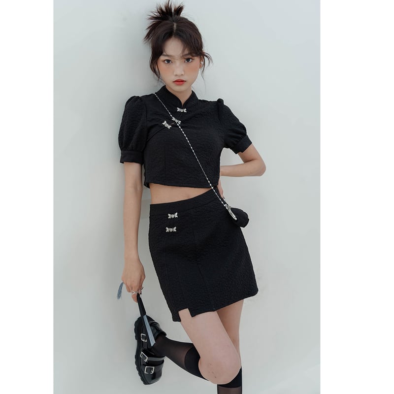 [LOVEHEYNEW series]★China style setup, single item order★ Tops or skirt, slimming black, black